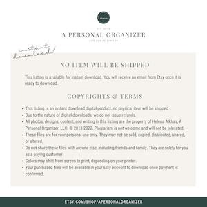 Może przedstawiać: Cyfrowa infografika z białym tłem i ciemnozielonym tekstem. Nagł&oacute;wek brzmi A PERSONAL ORGANIZER EST. 2010 LIFE CAN BE SIMPLER. Gł&oacute;wny tekst opisuje prawa autorskie, warunki oraz instrukcje dotyczące pobierania pliku w formie cyfrowej.