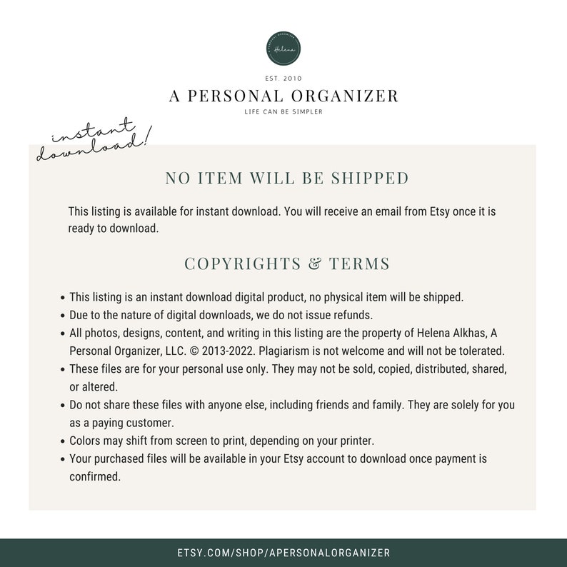 Może przedstawiać: Cyfrowa infografika z białym tłem i ciemnozielonym tekstem. Nagł&oacute;wek brzmi A PERSONAL ORGANIZER EST. 2010 LIFE CAN BE SIMPLER. Gł&oacute;wny tekst opisuje prawa autorskie, warunki oraz instrukcje dotyczące pobierania pliku w formie cyfrowej.