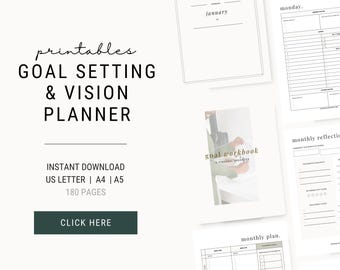 Op de afbeelding: Een printbare set voor doelstellingen- en visieplanners met zwarte tekst op witte pagina's. Bevat lay-outs voor maandplannen, dagschema's, werkboeken en reflecties. Beschikbaar in US Letter, A4 en A5 formaten met 180 pagina's.