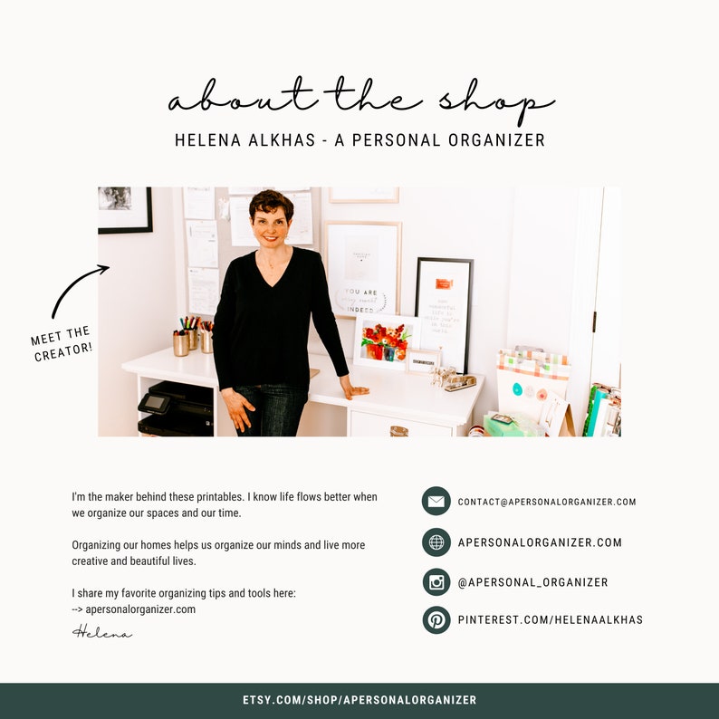 Może przedstawiać: Grafika profilowa sklepu przedstawiająca osobę w czarnym swetrze z dekoltem w serek przy białym biurku. Tekst zawiera "about the shop", "HELENA ALKHAS - A PERSONAL ORGANIZER", "MEET THE CREATOR!", adres e-mail, stronę internetową i media społecznościowe.