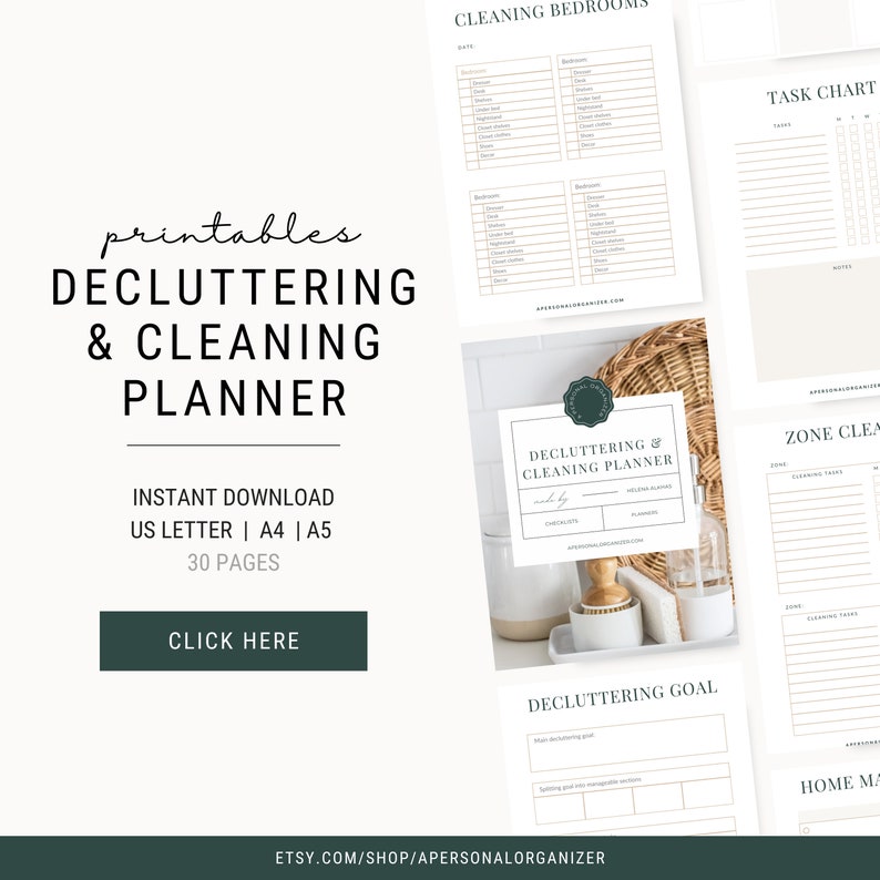 Może przedstawiać: Cyfrowy planer do sprzątania i odgracania składający się z 30 stron, zawierający tekst "PRINTABLES DECLUTTERING & CLEANING PLANNER", "INSTANT DOWNLOAD", "US LETTER | A4 | A5", "30 PAGES", "CLICK HERE" oraz "ETSY.COM/SHOP/APERSONALORGANIZER".