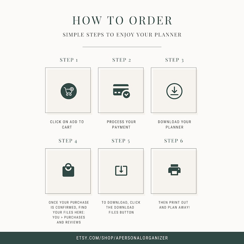 Może przedstawiać: Grafika instruktażowa zatytułowana HOW TO ORDER przedstawiająca sześć krok&oacute;w dla planera cyfrowego. Ikony przedstawiają dodawanie do koszyka, płatność, pobieranie, lokalizowanie plik&oacute;w w zakupach, przycisk pobierania oraz drukowanie dokumentu.