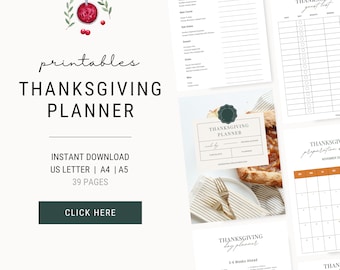 May include: A digital Thanksgiving planner printable set featuring 39 pages in US Letter, A4, and A5 sizes. Includes a menu planner, guest list, preparation calendar, and day planner with black text on white paper and a watercolour cranberry graphic.