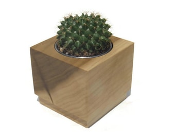 Handmade Poplar Cube Succulent Planter with Stainless Steel Insert