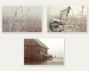 Set of 3 fine art prints Wall decor winter photography Rustic vintage prints Sepia Landscape Canvas paper Entryway print 8x12 12x18 16x24