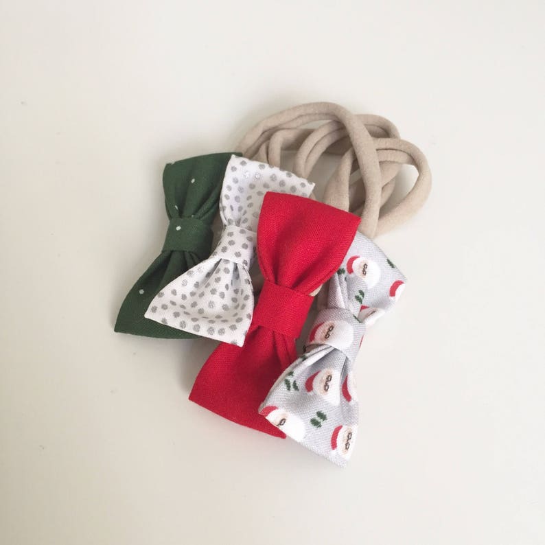 NB 25/% Post Holiday SALE Toddler Bows Set of 4 Girls Bows Hipster Santa SMALL Girls Hair Bows Xmas Hair Bows Stocking Stuffers