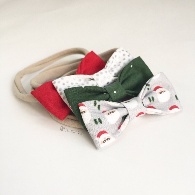 NB 25/% Post Holiday SALE Toddler Bows Set of 4 Girls Bows Hipster Santa SMALL Girls Hair Bows Xmas Hair Bows Stocking Stuffers