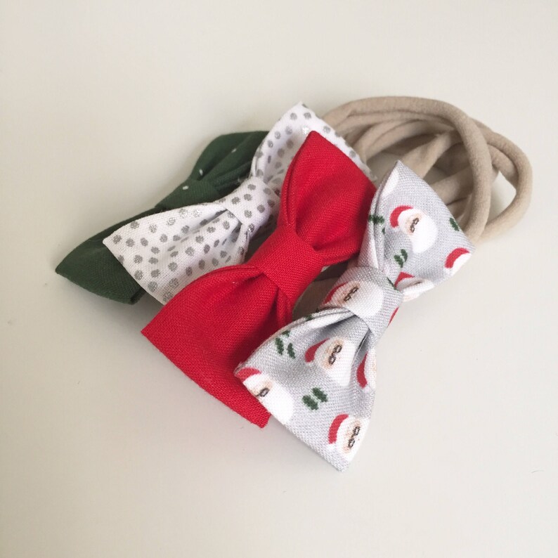 NB 25/% Post Holiday SALE Toddler Bows Set of 4 Girls Bows Hipster Santa SMALL Girls Hair Bows Xmas Hair Bows Stocking Stuffers