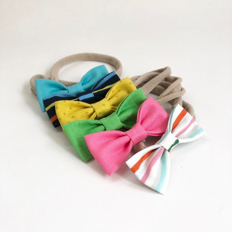 Set of 6 Rainbow Stripes Summer Hair Bows Summer Baby Shower Bright Bows NB-Toddler Bows NEW Happy Stripes SMALL Girl Bows