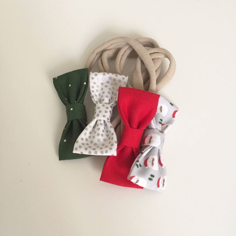 NB 25/% Post Holiday SALE Toddler Bows Set of 4 Girls Bows Hipster Santa SMALL Girls Hair Bows Xmas Hair Bows Stocking Stuffers