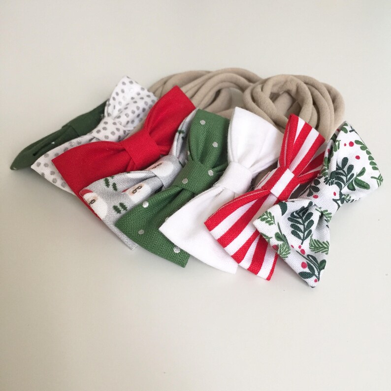 NB 25/% Post Holiday SALE Toddler Bows Set of 4 Girls Bows Hipster Santa SMALL Girls Hair Bows Xmas Hair Bows Stocking Stuffers
