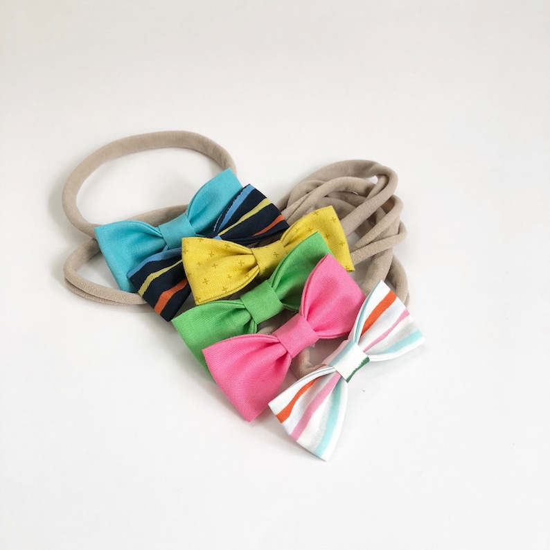 Set of 6 Rainbow Stripes Summer Hair Bows Summer Baby Shower Bright Bows NB-Toddler Bows NEW Happy Stripes SMALL Girl Bows