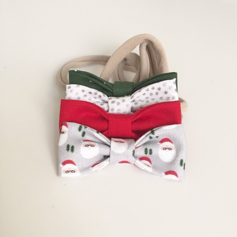 NB 25/% Post Holiday SALE Toddler Bows Set of 4 Girls Bows Hipster Santa SMALL Girls Hair Bows Xmas Hair Bows Stocking Stuffers