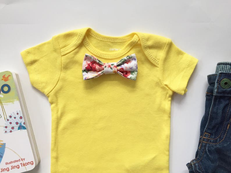 Solid Bright YELLOW Short Sleeve Bodysuit w Choice of Snap On Bowtie Summer Baby Gift Baby Boy Clothes Baby Shower Decor