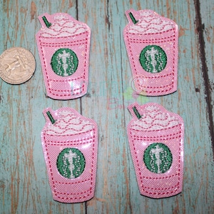 Sparkly Pink Strawberry Frappuccino Felties, Felt Embellishments (Set of 4)