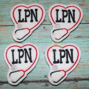May include: Four white heart-shaped patches with red outlines. Each patch has a black stethoscope and the text "LPN" in black.