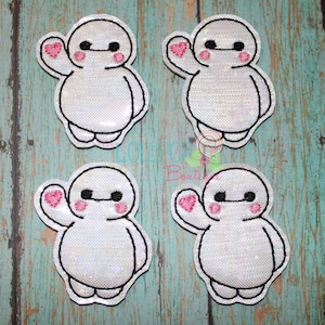 May include: Four white embroidered iron-on patches of Baymax from the Disney movie Big Hero 6. Each patch features Baymax with a pink heart in his hand.