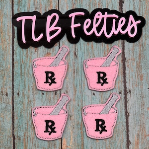 May include: Four pink felt patches with a mortar and pestle design and the letter "R" in black. The patches are labeled "TLB Felties".