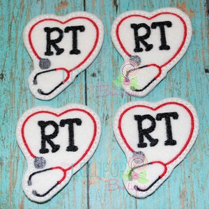 May include: Four white felt heart-shaped patches with red outlines and a black stethoscope design. Each patch has the letters "RT" in black.