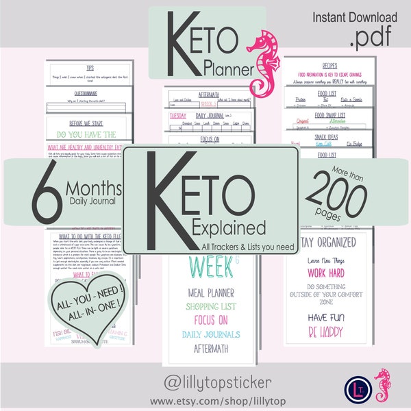 KETO Planner, Keto Printable, Keto Explained, Daily Keto, Meal Plan, Tips, Trackers, Intermittent Fasting, Covers