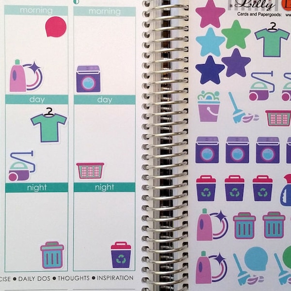 Cleaning Stickers, purple, blue , Fits all common Planners, Kiss Cut, Organizing Stickers