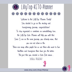 Puede incluir: Un gr&aacute;fico de texto azul y blanco con las palabras "LillyTop-KETO-Planner" y "&iexcl;Bienvenido a la familia LillyTop Planner!" El gr&aacute;fico de texto tambi&eacute;n incluye las palabras "&iexcl;Decidiste embarcarte en este emocionante y transformador viaje, felicidades!" y "Mantenerse organizado a veces es una tarea abrumadora, el planificador Keto LillyTop te ayudar&aacute; con eso." El gr&aacute;fico de texto tambi&eacute;n incluye las palabras "Como estoy en el mismo viaje, ya sabes que no est&aacute;s solo en esto." y "Hay muchas otras personas como nosotros que quieren vivir m&aacute;s sanos y transformar sus vidas para mejor." El gr&aacute;fico de texto tambi&eacute;n incluye las palabras "El hecho de que hayas comenzado una dieta cetog&eacute;nica significa... &iexcl;ERES GENIAL!" y "www.etsy.com/shop/lillytop".