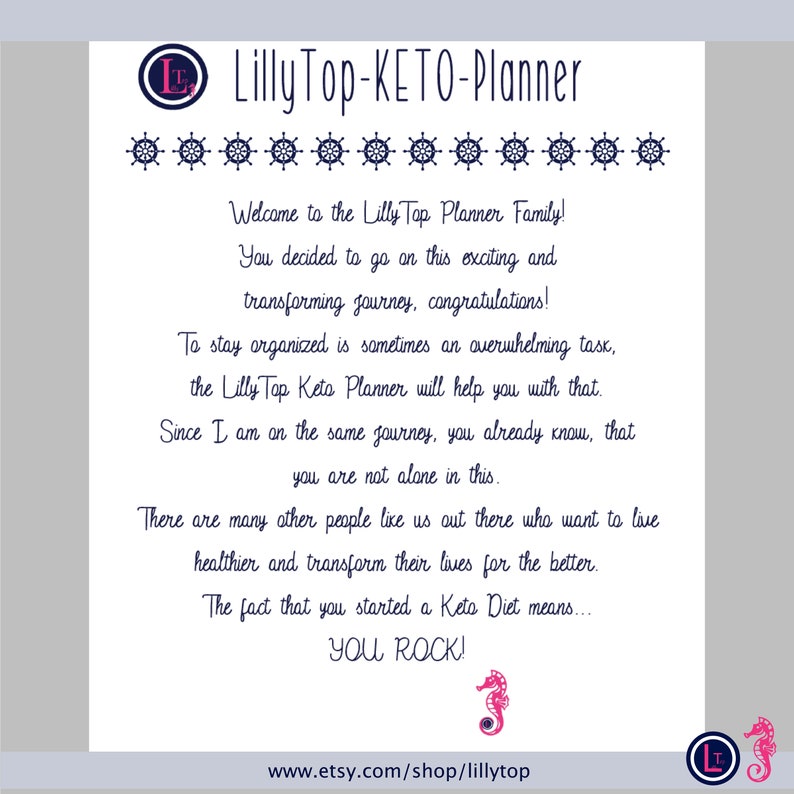 Puede incluir: Un gr&aacute;fico de texto azul y blanco con las palabras "LillyTop-KETO-Planner" y "&iexcl;Bienvenido a la familia LillyTop Planner!" El gr&aacute;fico de texto tambi&eacute;n incluye las palabras "&iexcl;Decidiste embarcarte en este emocionante y transformador viaje, felicidades!" y "Mantenerse organizado a veces es una tarea abrumadora, el planificador Keto LillyTop te ayudar&aacute; con eso." El gr&aacute;fico de texto tambi&eacute;n incluye las palabras "Como estoy en el mismo viaje, ya sabes que no est&aacute;s solo en esto." y "Hay muchas otras personas como nosotros que quieren vivir m&aacute;s sanos y transformar sus vidas para mejor." El gr&aacute;fico de texto tambi&eacute;n incluye las palabras "El hecho de que hayas comenzado una dieta cetog&eacute;nica significa... &iexcl;ERES GENIAL!" y "www.etsy.com/shop/lillytop".
