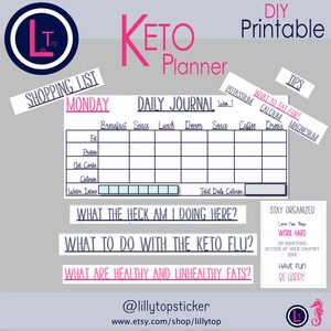 Puede incluir: Planificador keto imprimible con un diario diario, una lista de compras y consejos para mantenerse organizado. El planificador incluye secciones para realizar un seguimiento de las grasas, las prote&iacute;nas, los carbohidratos netos, las calor&iacute;as y la ingesta de agua. Tambi&eacute;n incluye citas motivacionales como "&iquest;Qu&eacute; diablos estoy haciendo aqu&iacute;?" y "&iquest;Qu&eacute; hacer con la gripe keto?"