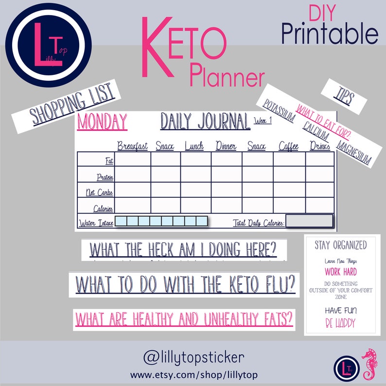 Puede incluir: Planificador keto imprimible con un diario diario, una lista de compras y consejos para mantenerse organizado. El planificador incluye secciones para realizar un seguimiento de las grasas, las prote&iacute;nas, los carbohidratos netos, las calor&iacute;as y la ingesta de agua. Tambi&eacute;n incluye citas motivacionales como "&iquest;Qu&eacute; diablos estoy haciendo aqu&iacute;?" y "&iquest;Qu&eacute; hacer con la gripe keto?"
