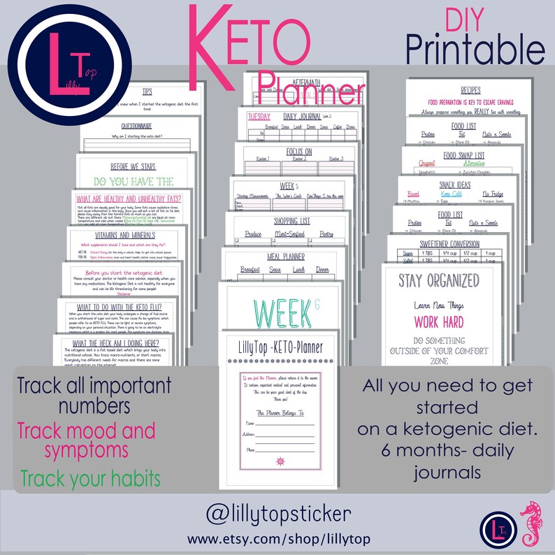 Puede incluir: Un planificador de dieta cetog&eacute;nica imprimible con un dise&ntilde;o colorido. El planificador incluye diarios diarios, planificadores de comidas, listas de compras y recetas. El planificador est&aacute; dise&ntilde;ado para ayudar a las personas a realizar un seguimiento de su progreso en una dieta cetog&eacute;nica. El planificador est&aacute; disponible para descargar desde el sitio web @lillytopsticker.