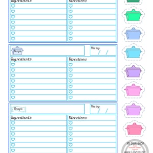 May include: Printable recipe cards with a blue border and hearts. The cards have sections for the recipe name, ingredients, directions, and use by date. There are also six colorful pot stickers.