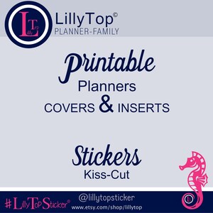 Puede incluir: Un gr&aacute;fico azul y blanco con el texto "Lilly Top Planner-Family" y "Planificadores imprimibles Car&aacute;tulas & Insertos" y "Pegatinas Kiss-Cut". El gr&aacute;fico tambi&eacute;n incluye un caballito de mar rosa y el texto "#Lilly Top Sticker @lillytopsticker www.etsy.com/shop/lillytop".