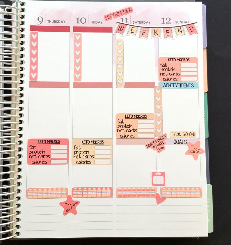 Pu&ograve; includere: Un planner settimanale con uno schema di colori rosa e pesca. Il planner ha una sezione per ogni giorno della settimana, con spazio per scrivere appuntamenti, compiti e note. Il planner include anche una sezione per il monitoraggio dei macro cheto, con spazi per registrare grassi, proteine, carboidrati netti e calorie. Il planner ha una citazione motivazionale, "Lascia che parlino!" e una sezione per gli obiettivi con il testo "Posso continuare!" e "Posso farlo!"