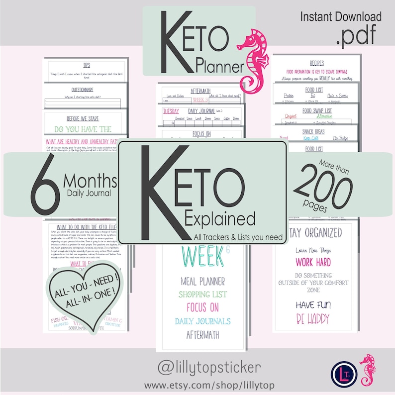 Puede incluir: Un planificador digital imprimible para la dieta cetog&eacute;nica. La portada presenta un dise&ntilde;o verde y rosa con el texto "Keto Explained" y un caballito de mar. El planificador incluye m&aacute;s de 200 p&aacute;ginas de planes de comidas, listas de compras, diarios diarios y m&aacute;s.