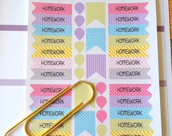 Homework, Student or Teacher Flags and Drops, Quarter Box Flag, Fits all common Planners, Kiss Cut, Organizing Stickers
