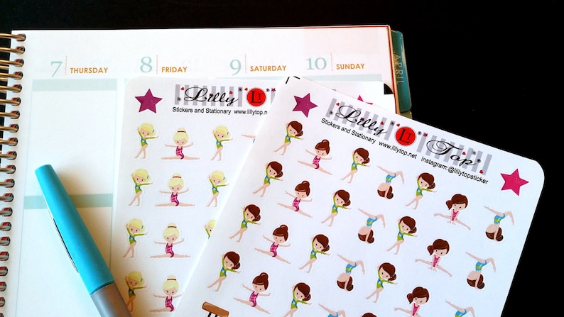 May include: Two sheets of stickers featuring a gymnast in various poses. The stickers are white with a gray and white striped background. The text on the stickers reads "Lilly Top" and "Stickers and Stationary www.llytop.net".