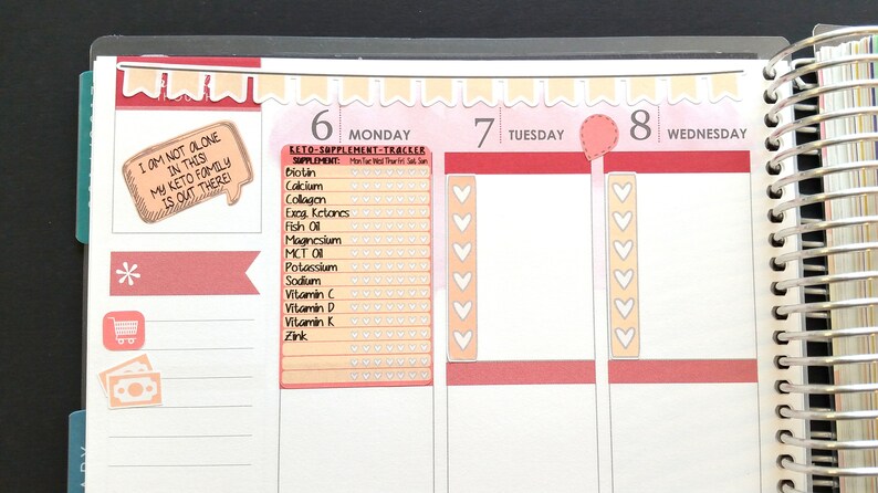 Pu&ograve; includere: Una pagina di un planner rosa e bianca con un adesivo che dice "Non sono solo in questa famiglia keto, ce ne sono altri l&agrave; fuori". La pagina &egrave; etichettata "Luned&igrave;" e ha un tracker di integratori keto con un elenco di integratori e caselle di controllo.