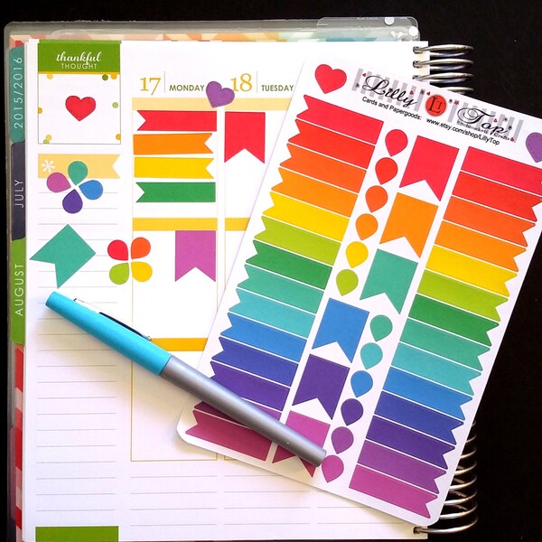 Organizing Stickers, Rainbow,Flags and Drops, Quarter Box Flag, Fits all common Planners, Kiss Cut, Organizing Stickers