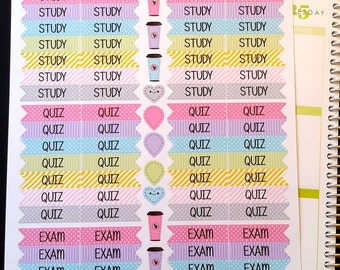 Study, Quiz, Exam, OR Class , Quiz Exam,  College, Teacher, School Stickers, Stripes, Dots, Flags, Fits all common Planners, Kiss Cut