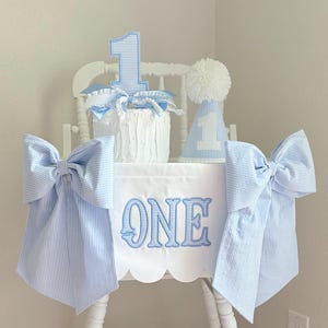 Blue First Birthday Decor - Blue Seersucker - High Chair Banner, Party Hat, Cake Topper - Blue Seersucker First Birthday Cake Smash