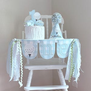 Golf First Birthday Decor - Hole In ONE First Birthday - Blue Gingham Golf First Birthday - High Chair Banner, Party Hat, Cake Topper