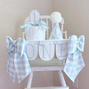 Blue Gingham First Birthday Decor - High Chair Banner, Party Hat, Cake Topper - First Birthday Photography - First Birthday Cake Smash