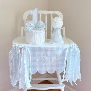 Blue Gingham First Birthday Decor - High Chair Banner, Party Hat, Cake Topper - First Birthday Photography - First Birthday Cake Smash