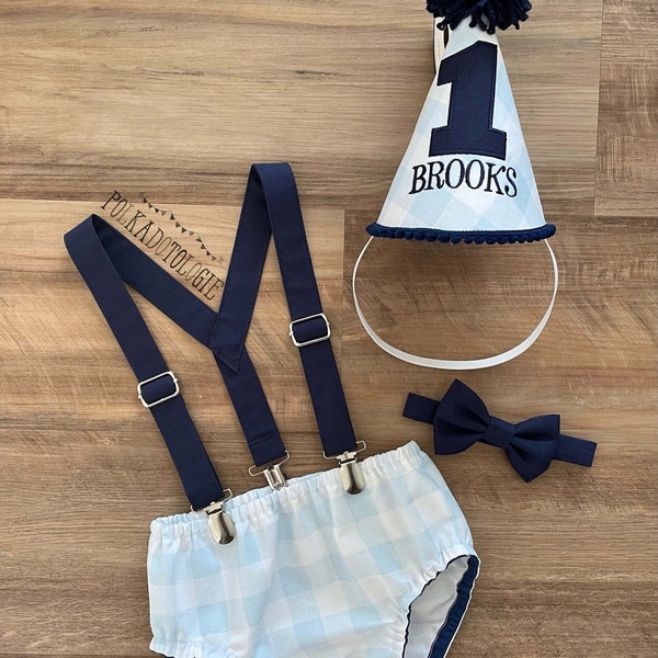 Baby Blue Gingham First Birthday Boy Outfit - Cake Smash - Diaper Cover - Suspenders - Bow Tie - Personalized Party Hat - Bib