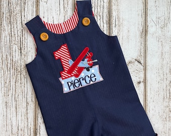 Time Flies Airplane Birthday Outfit - Romper - Cake Smash Outfit - Navy - Red - Time Flies First Birthday Party - Airplane Birthday