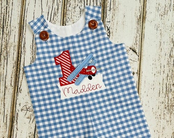 Time Flies Airplane Birthday Outfit - Romper - Cake Smash Outfit - Blue Gingham - Red  - Time Flies First Birthday Party - Airplane Birthday