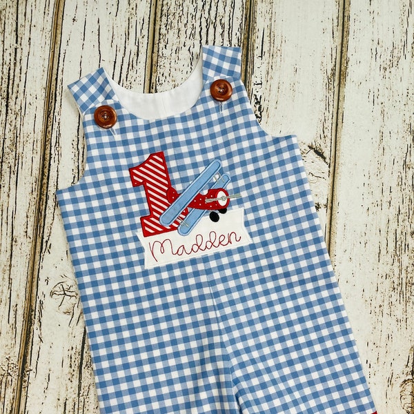 Time Flies Airplane Birthday Outfit - Romper - Cake Smash Outfit - Blue Gingham - Red  - Time Flies First Birthday Party - Airplane Birthday