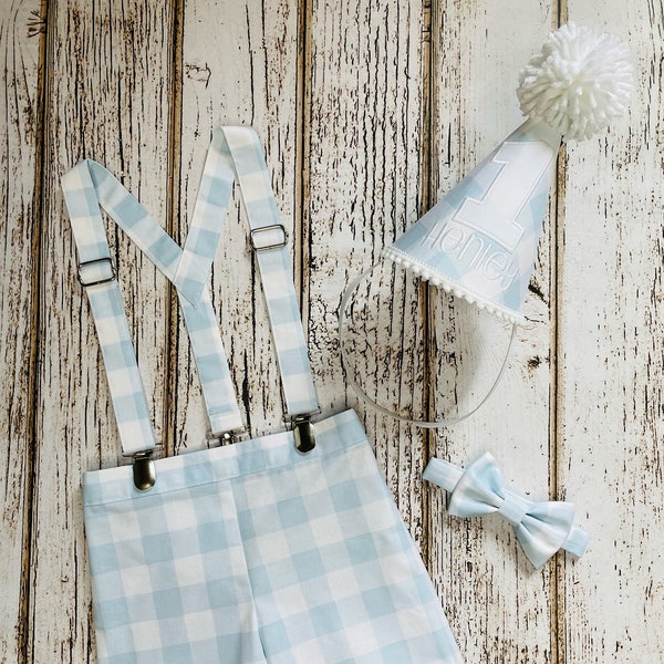 Baby Blue Gingham and White First Birthday Boy Outfit - Cake Smash - Shorts - Suspenders - Bow Tie - Personalized Party Hat