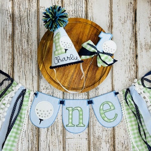 Golf First Birthday Decor - Hole In ONE First Birthday - High Chair Banner, Party Hat, Cake Topper  - Golf First Birthday Cake Smash