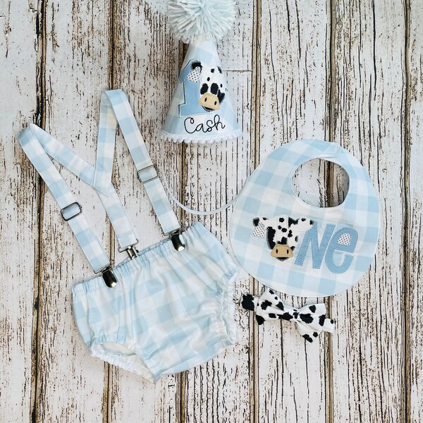 Cake Smash Outfit Boy Girl 1, 2, or 3 piece Cow Print Cake Smash Bloomers Diaper Cover Bandana Bow Tie Suspenders First Birthday 1st